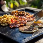 Cooking breakfast on a Blackstone griddle with crispy hash browns, bacon, pancakes, and an egg being fried, showcasing a well-organized griddle setup.