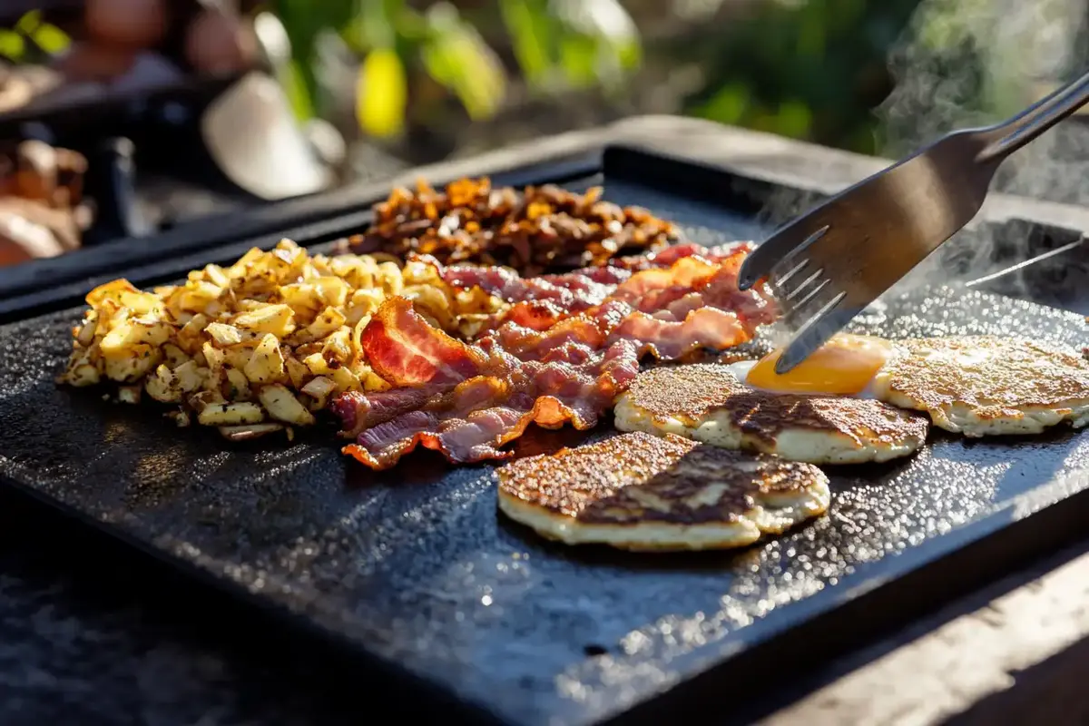 Cooking breakfast on a Blackstone griddle with crispy hash browns, bacon, pancakes, and an egg being fried, showcasing a well-organized griddle setup.