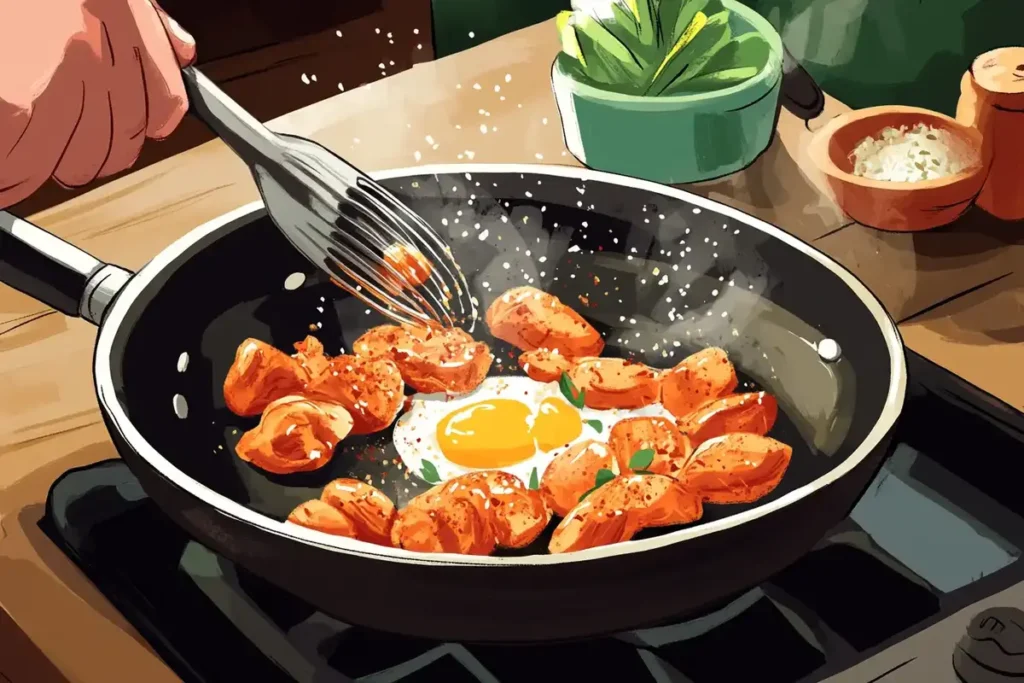 A home cook whisking eggs in a pan with seasoned chicken pieces, garnished with spices and herbs.