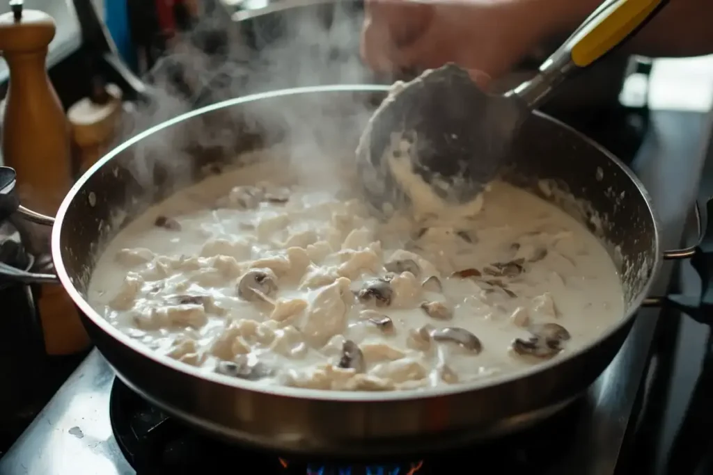 Steaming pan of creamy chicken and mushroom sauce being stirred, highlighting the cooking process on a stovetop.