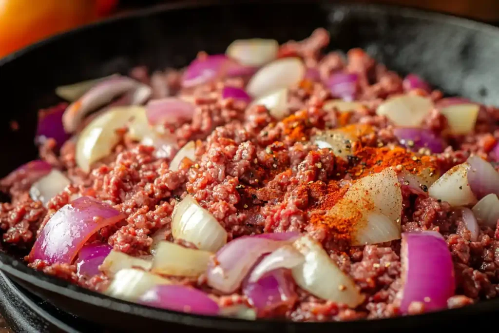 Cooking minced beef for a breakfast recipe.