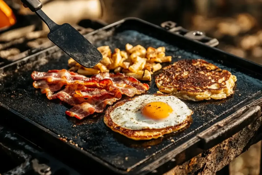 Bacon, hash browns, pancakes, and a fried egg cooking on a Blackstone griddle outdoors with a spatula in use.