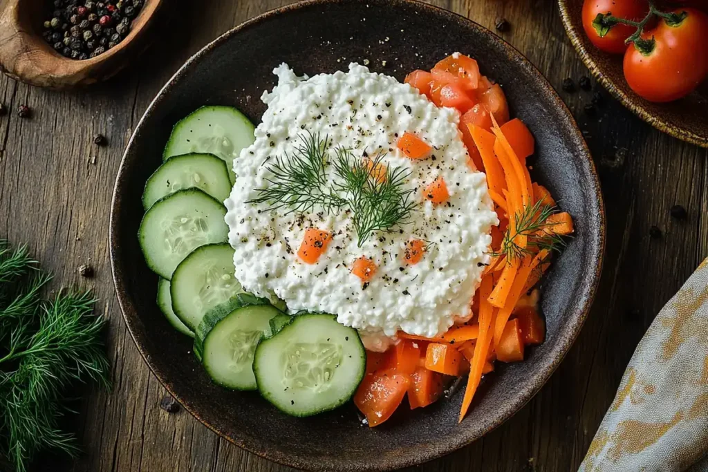 A bowl of cottage cheese surrounded by fresh cucumber slices, diced tomatoes, and shredded carrots, garnished with dill on a rustic wooden table.