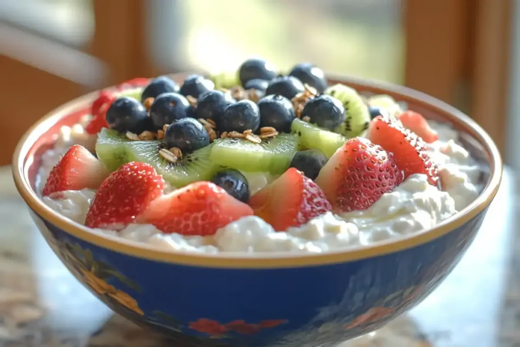 A bowl of cottage cheese topped with fresh strawberries, kiwi slices, blueberries, and granola, styled in a vibrant ceramic bowl.