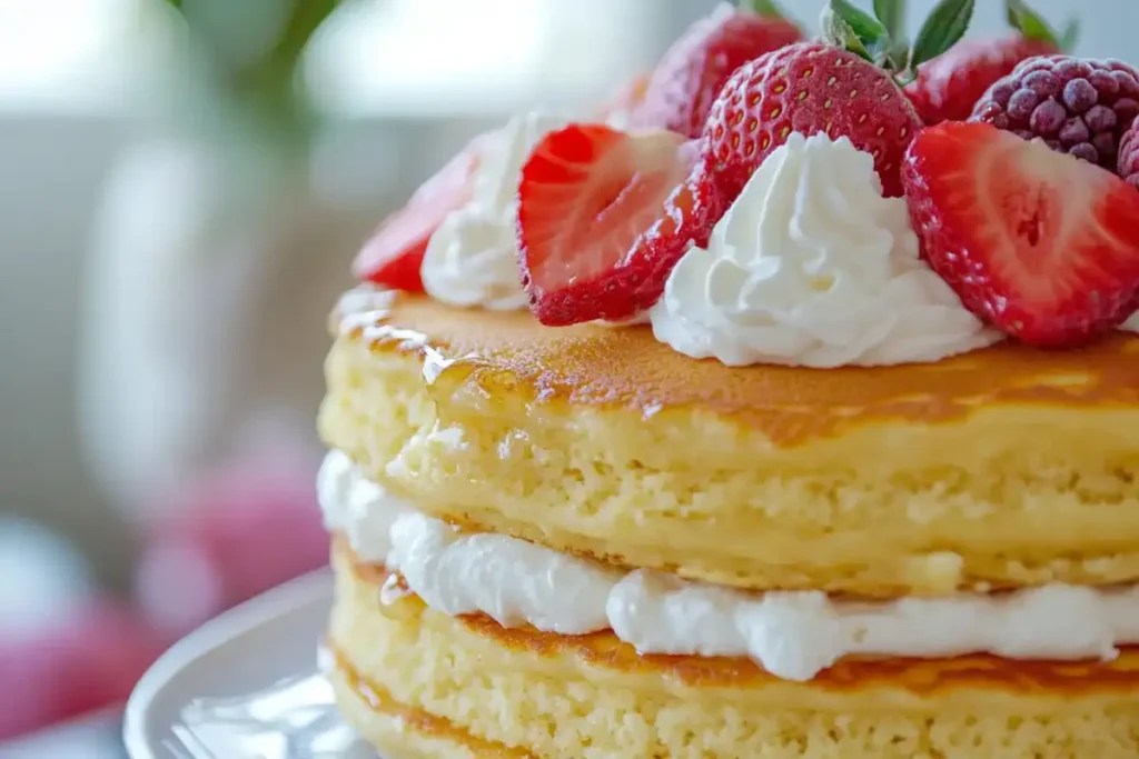 A stack of golden cottage cheese pancakes layered with whipped cream, topped with fresh strawberries and raspberries on a white plate.