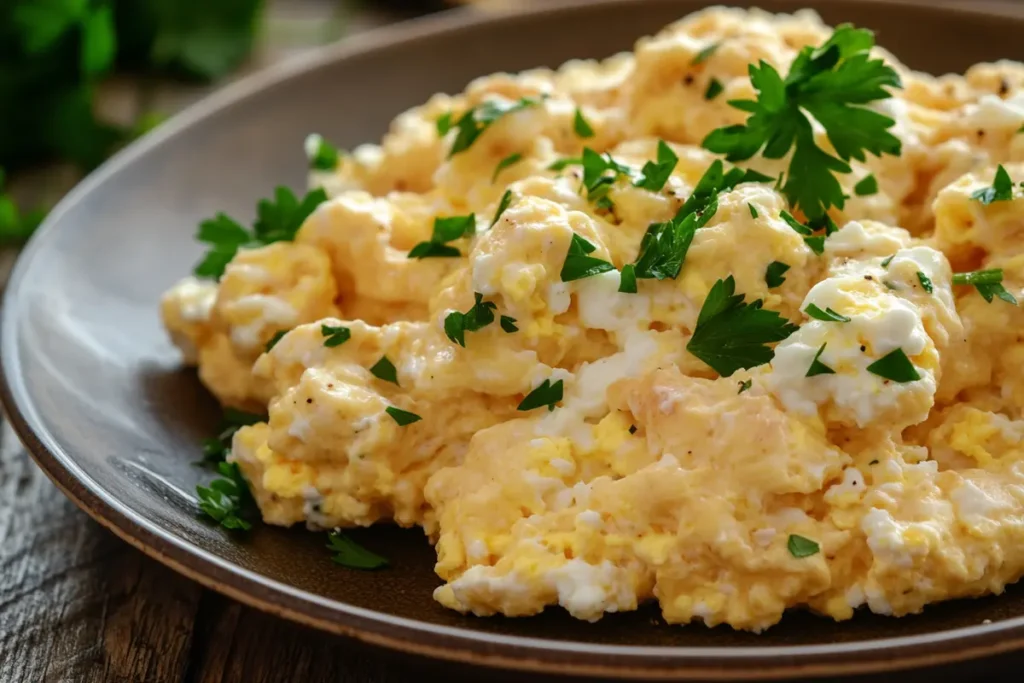 Cottage cheese in eggs dish on a table