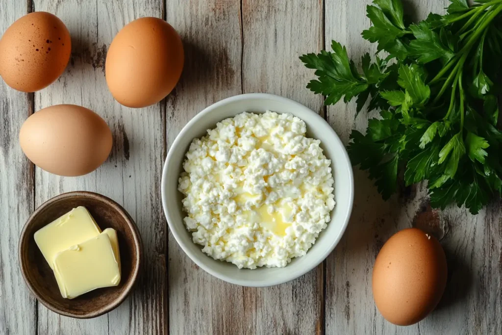 Ingredients for cottage cheese and eggs recipe