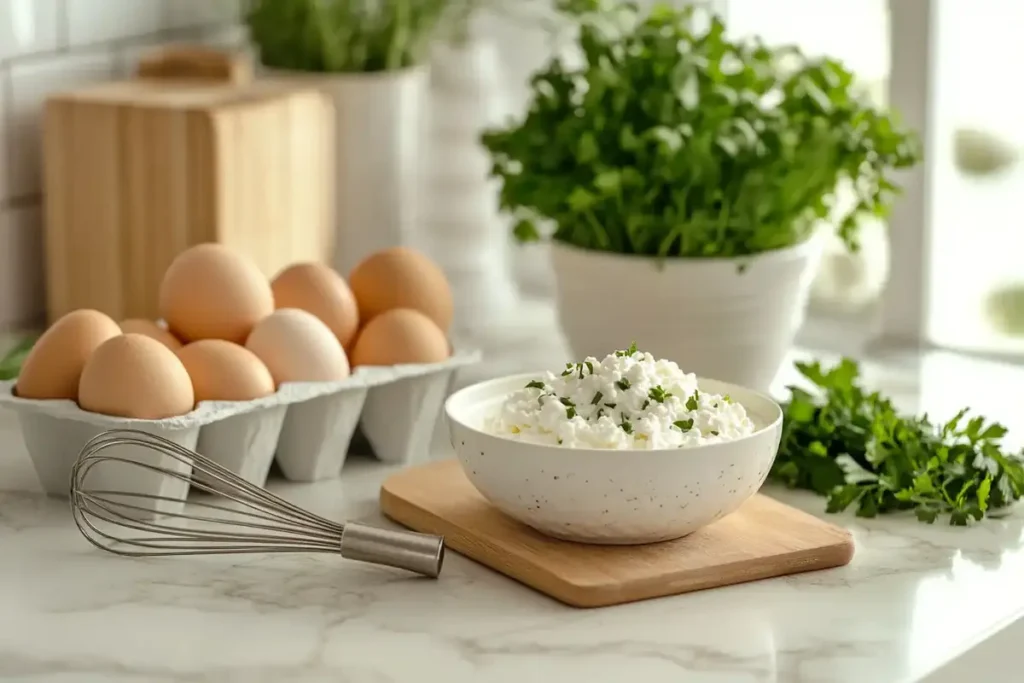 A bowl of cottage cheese garnished with herbs, next to a carton of eggs and fresh parsley on a kitchen counter.