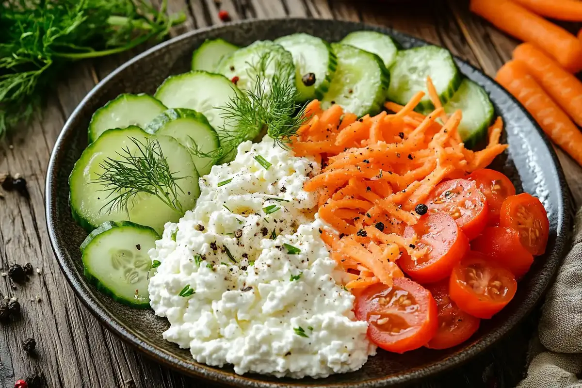 A bowl of cottage cheese served with fresh cucumber slices, shredded carrots, cherry tomatoes, and garnished with fresh dill.