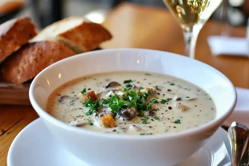 A bowl of cream of mushroom soup topped with fresh parsley and croutons, served with crusty bread in the background on a wooden table.