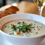 A bowl of cream of mushroom soup topped with fresh parsley and croutons, served with crusty bread in the background on a wooden table.