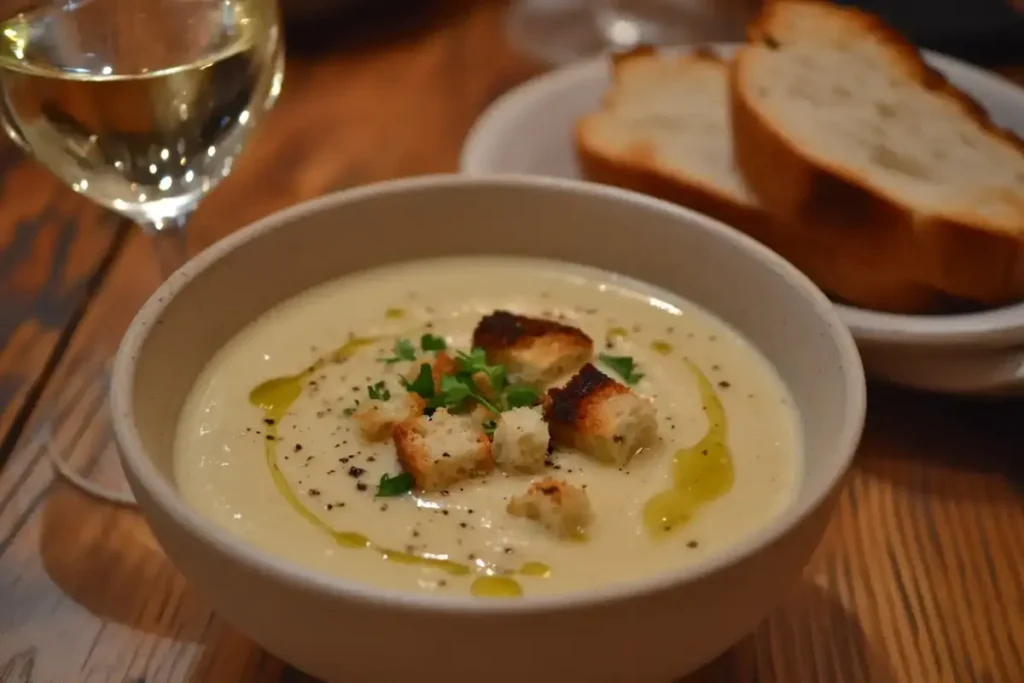 A bowl of creamy mushroom soup topped with golden croutons, fresh herbs, and a drizzle of olive oil, served with slices of bread.