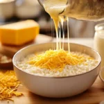 A close-up of a bowl of cooked white rice topped with shredded cheddar cheese, with creamy cheese sauce being poured over it. Ingredients like butter, milk, and cheese blocks are placed on a wooden countertop.