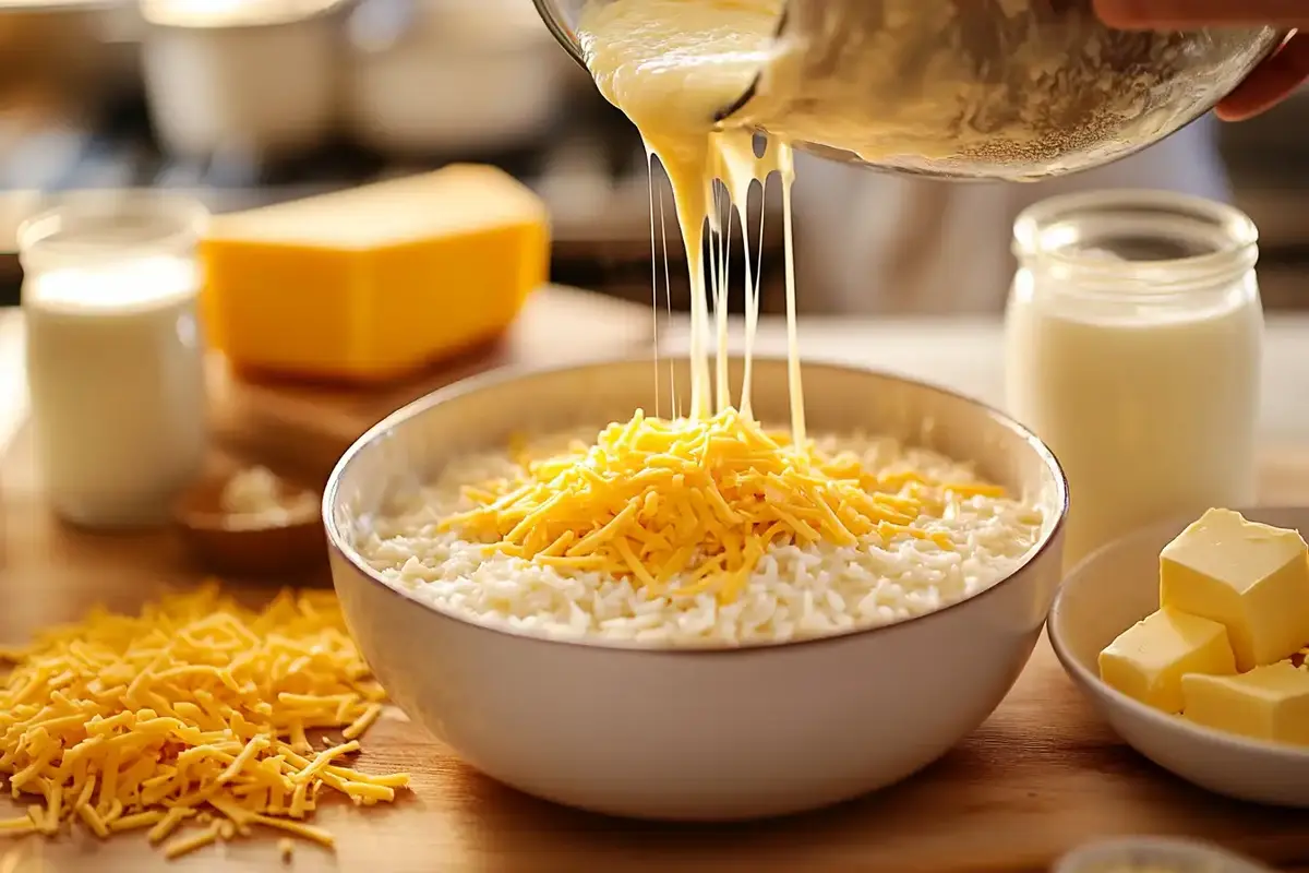 A close-up of a bowl of cooked white rice topped with shredded cheddar cheese, with creamy cheese sauce being poured over it. Ingredients like butter, milk, and cheese blocks are placed on a wooden countertop.