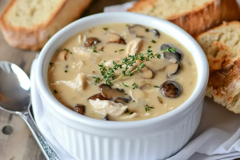 Chicken and mushroom soup in a bowl