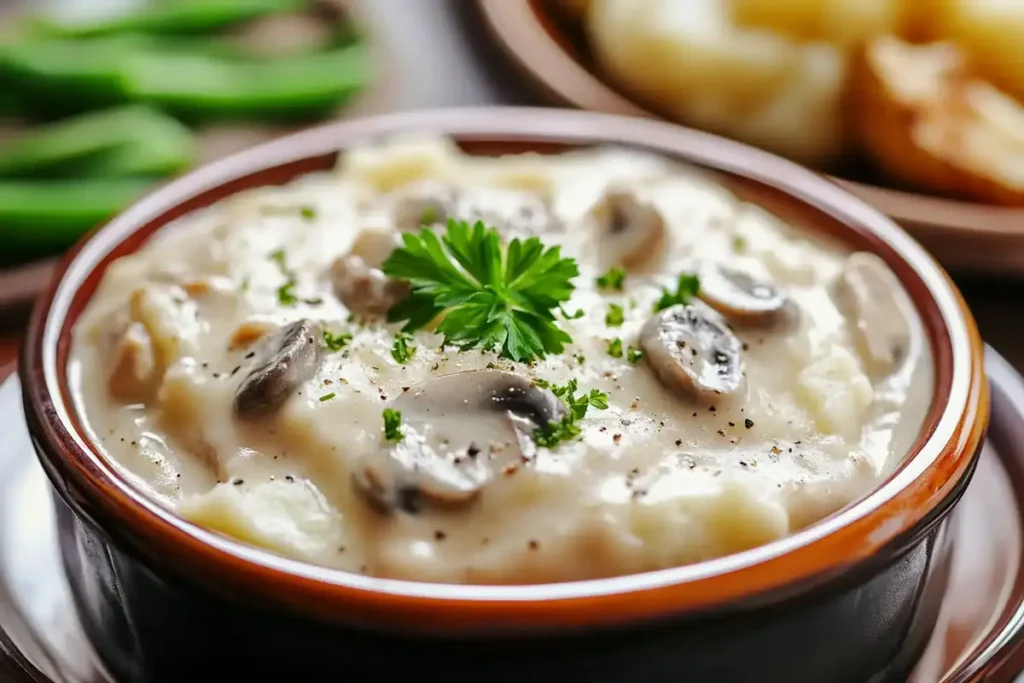 Creamy chicken and mushroom soup garnished with fresh parsley in a brown bowl, surrounded by green beans and potatoes in the background.