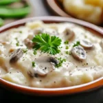 Creamy chicken and mushroom soup garnished with fresh parsley in a brown bowl, surrounded by green beans and potatoes in the background.