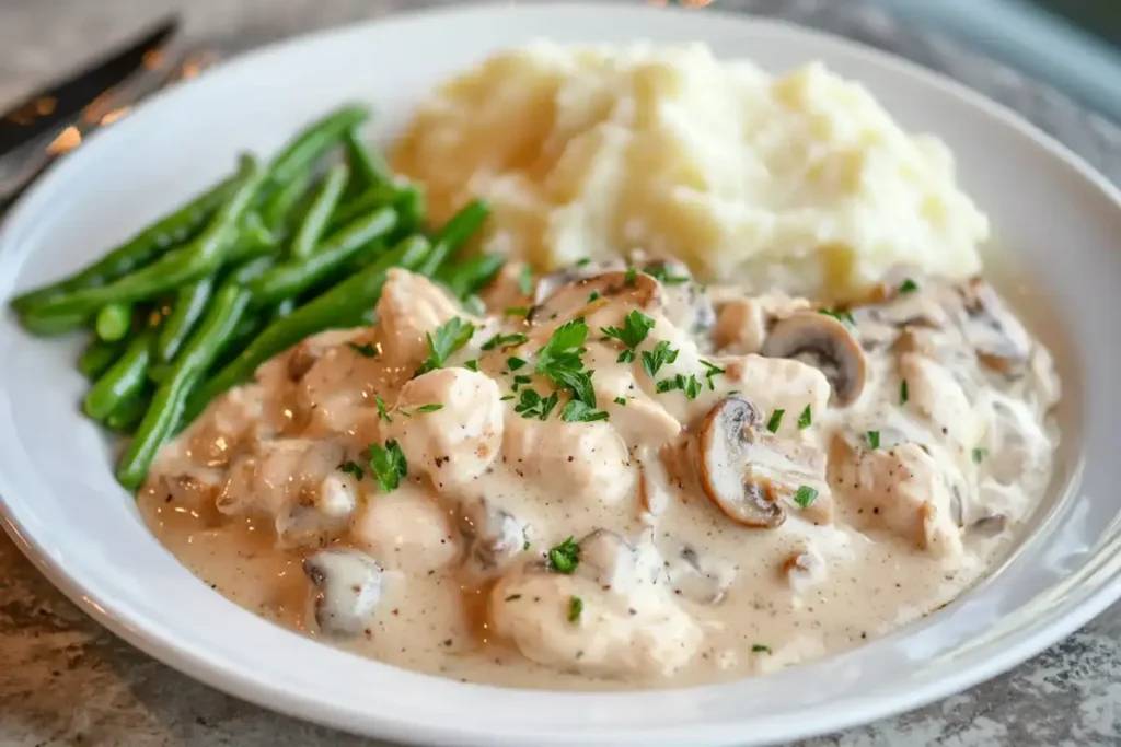 Plate of creamy chicken and mushroom served with mashed potatoes and green beans, garnished with fresh parsley.