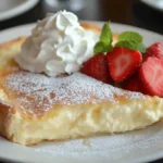 A slice of sourdough breakfast cheesecake topped with whipped cream, powdered sugar, fresh strawberries, and a sprig of mint.