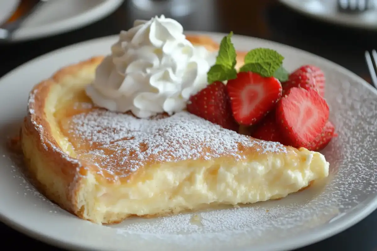 A slice of sourdough breakfast cheesecake topped with whipped cream, powdered sugar, fresh strawberries, and a sprig of mint.