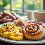 A breakfast plate featuring a cinnamon roll, scrambled eggs topped with parsley, crispy bacon, and sausages, served with coffee in a cozy dining setting.