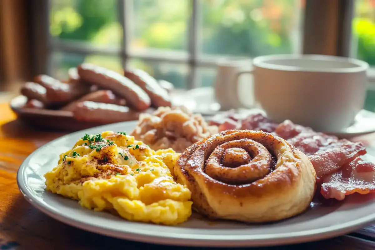 A breakfast plate featuring a cinnamon roll, scrambled eggs topped with parsley, crispy bacon, and sausages, served with coffee in a cozy dining setting.