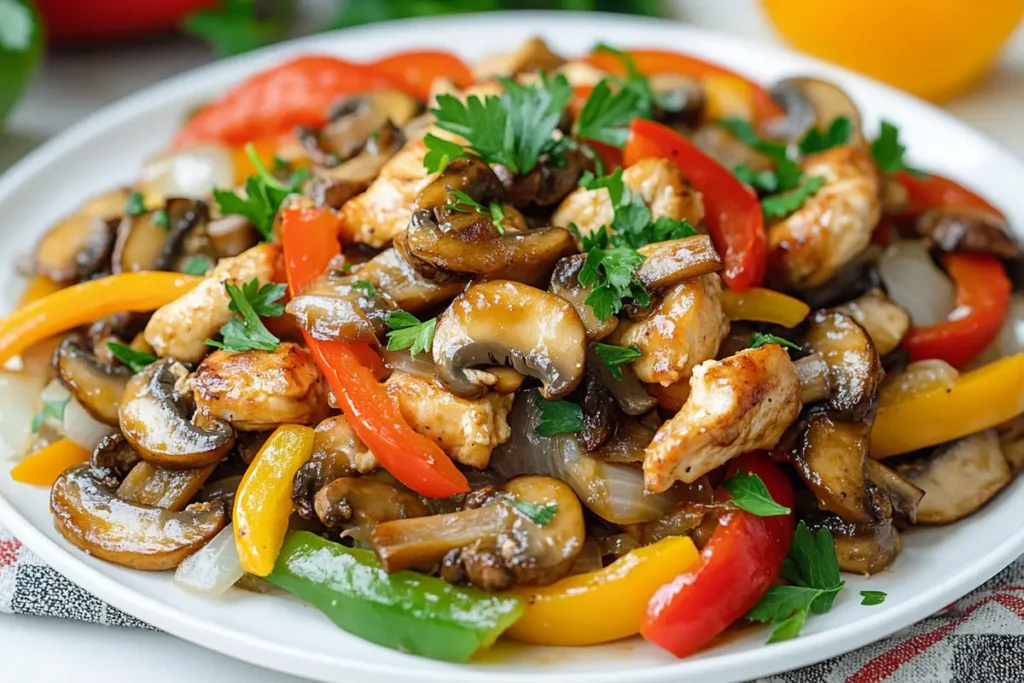 Chicken and mushroom stir-fry dish on a plate"