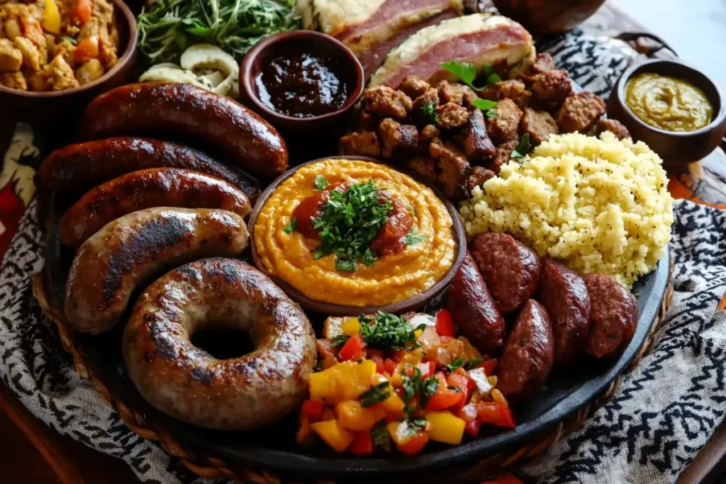 A vibrant platter featuring grilled beef sausages, boerewors, spicy merguez, Polish kielbasa, served with couscous, roasted vegetables, and dips.