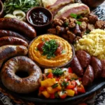 A vibrant platter featuring grilled beef sausages, boerewors, spicy merguez, Polish kielbasa, served with couscous, roasted vegetables, and dips.