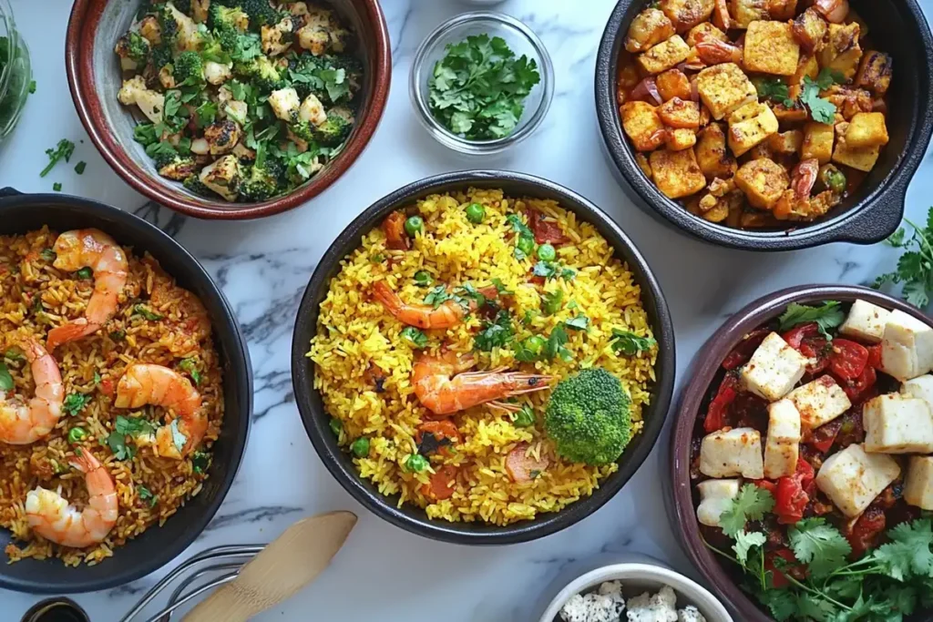 A variety of flavorful rice dishes, including shrimp fried rice, turmeric rice with vegetables, and tofu stir-fry, garnished with herbs.