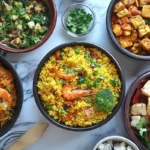 A variety of flavorful rice dishes, including shrimp fried rice, turmeric rice with vegetables, and tofu stir-fry, garnished with herbs.