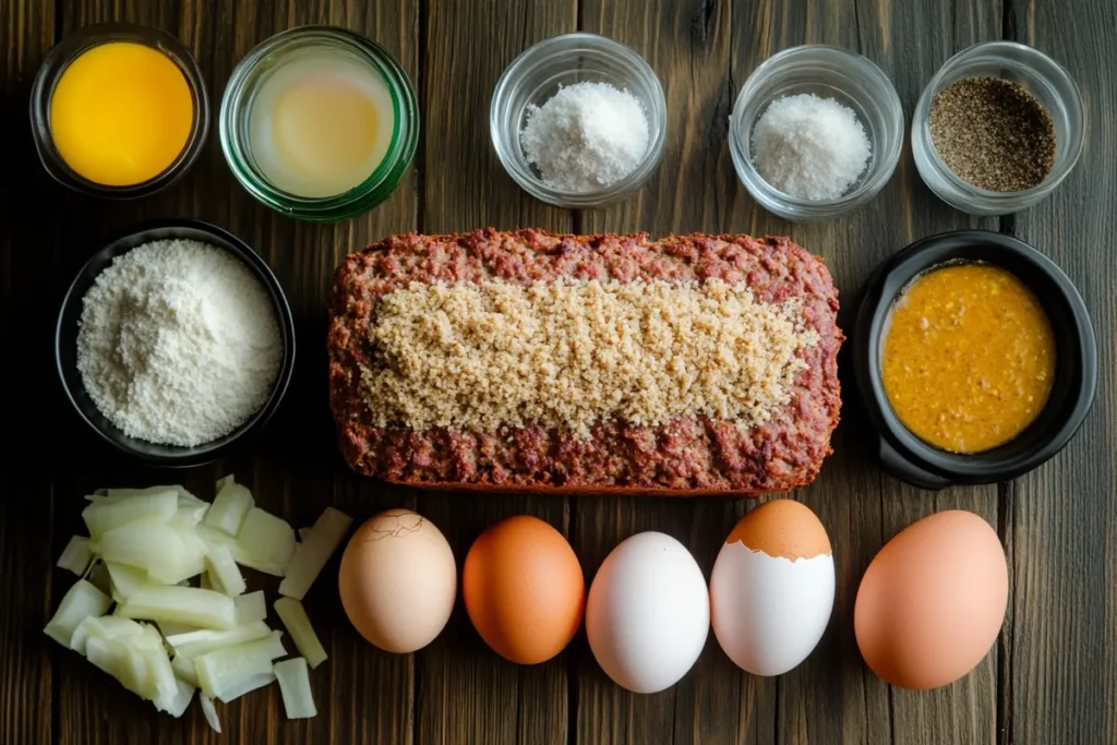 Ingredients for meatloaf recipe with Lipton Onion Soup Mix.