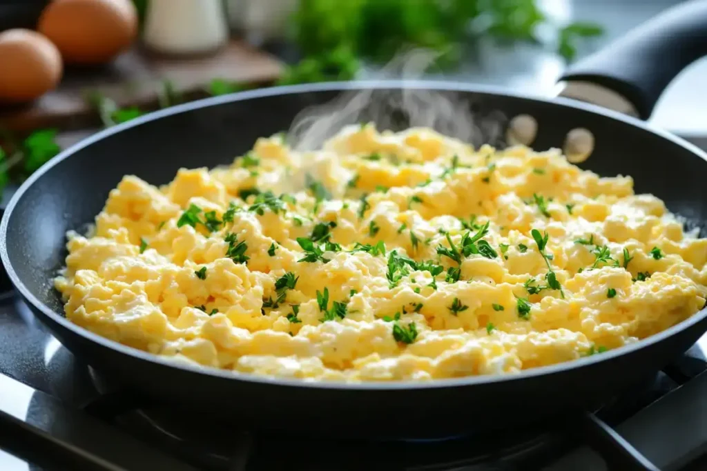 A steaming pan of fluffy scrambled eggs with cottage cheese, garnished with fresh herbs.