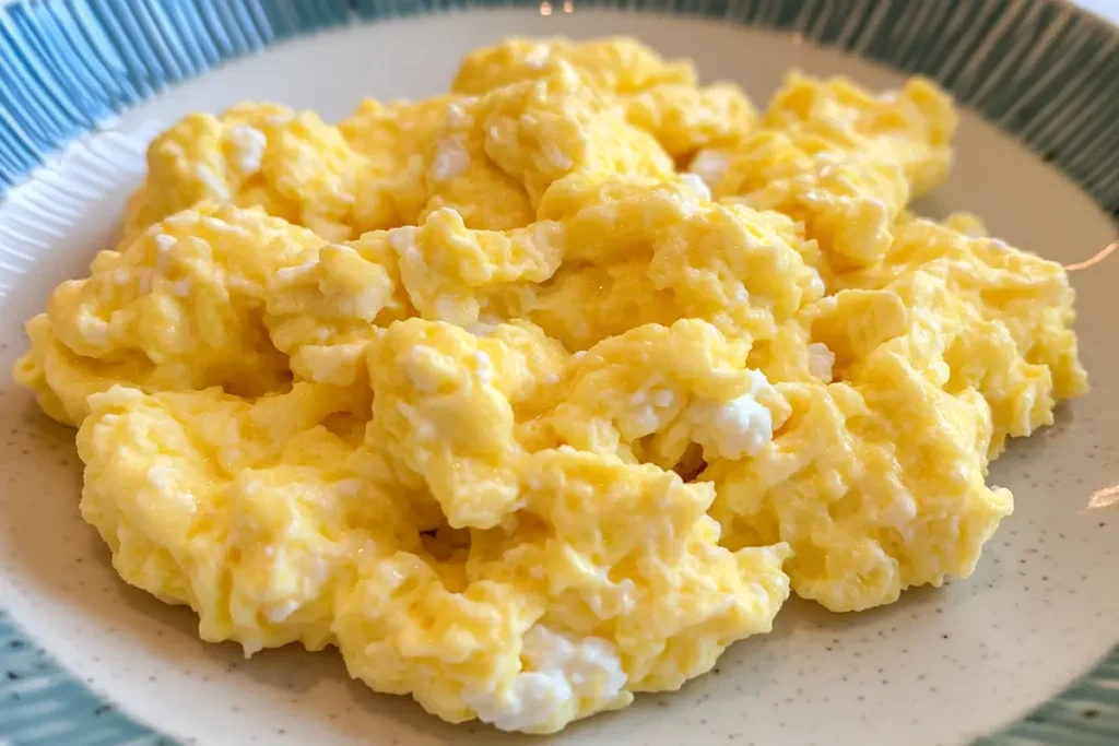 Fluffy scrambled eggs with cottage cheese close-up