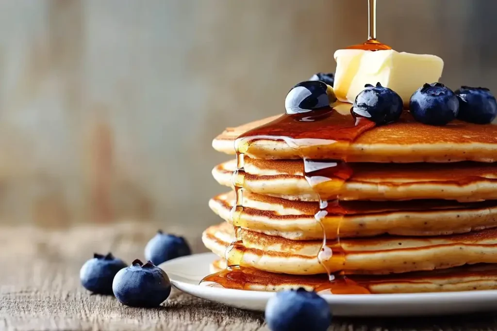 A tall stack of golden sourdough pancakes topped with fresh blueberries, a pat of melting butter, and a drizzle of maple syrup.