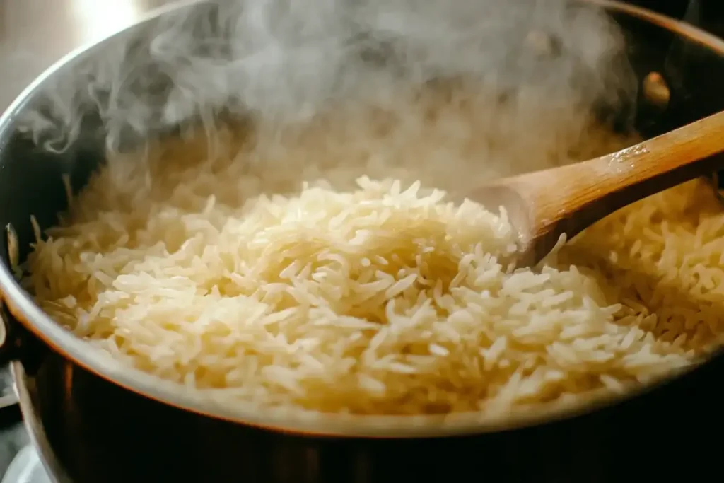 A pot of steaming white rice with a wooden spoon, freshly cooked and ready to be used in a cheesy rice recipe.