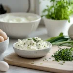 Bowl of cottage cheese garnished with fresh herbs next to eggs, chopped parsley, and a whisk on a kitchen counter.