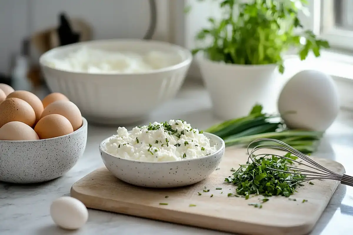 Bowl of cottage cheese garnished with fresh herbs next to eggs, chopped parsley, and a whisk on a kitchen counter.