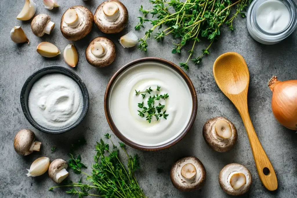 A flat lay of ingredients for cream of mushroom soup, including fresh mushrooms, garlic, thyme, onion, and a bowl of cream.