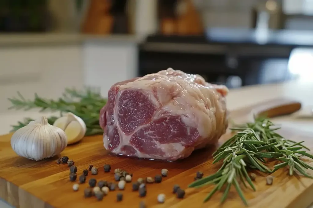 A raw lamb shoulder chop on a wooden cutting board surrounded by garlic cloves, fresh rosemary sprigs, and peppercorns in a bright kitchen.