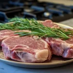 Raw lamb shoulder chops garnished with fresh rosemary sprigs, placed on a plate in a kitchen setting with a stovetop in the background.