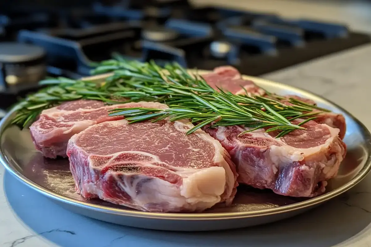 Raw lamb shoulder chops garnished with fresh rosemary sprigs, placed on a plate in a kitchen setting with a stovetop in the background.