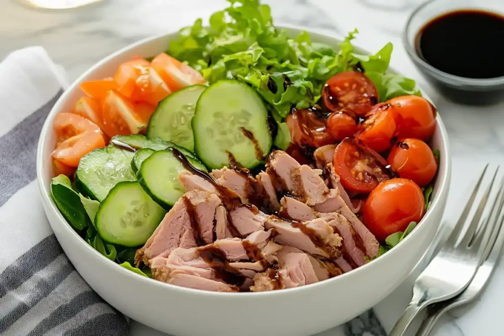 A bowl filled with turkey slices, cherry tomatoes, cucumbers, lettuce, and balsamic drizzle, placed on a table with a fork and napkin nearby.