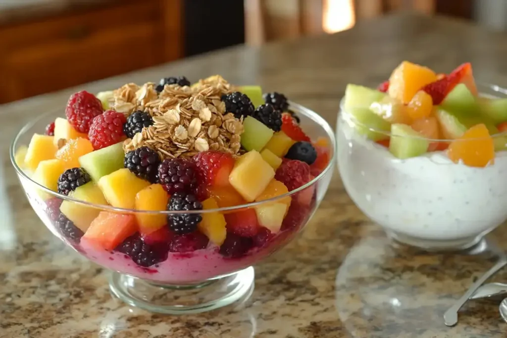 A fresh fruit salad bowl with berries, melons, and granola, next to a bowl of yogurt topped with fruits on a granite countertop.