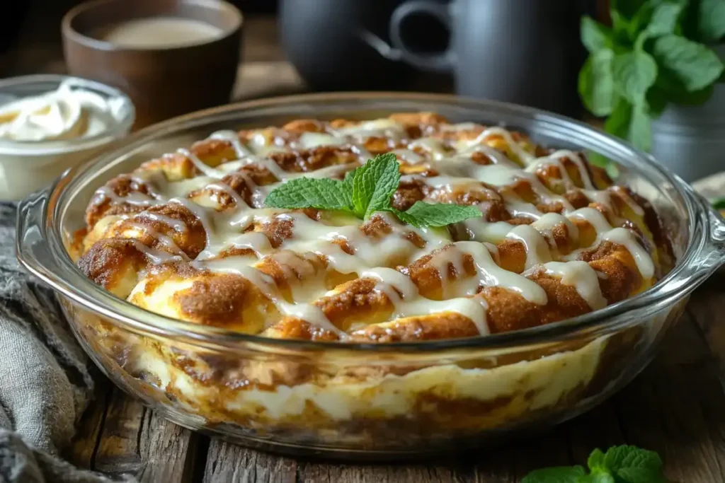 Golden-brown cinnamon roll breakfast casserole topped with creamy frosting and a fresh mint garnish, served in a glass baking dish.