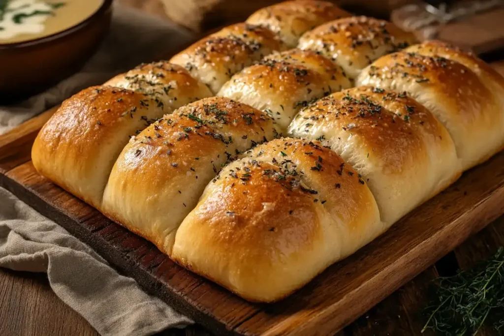 Freshly baked golden-brown no-yeast dinner rolls sprinkled with herbs, served on a rustic wooden tray.