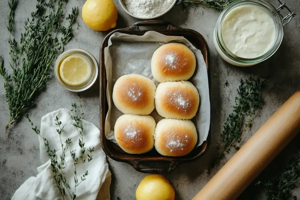 A pan of freshly baked no-yeast dinner rolls dusted with flour, surrounded by lemons, thyme, and a jar of yogurt on a rustic surface.