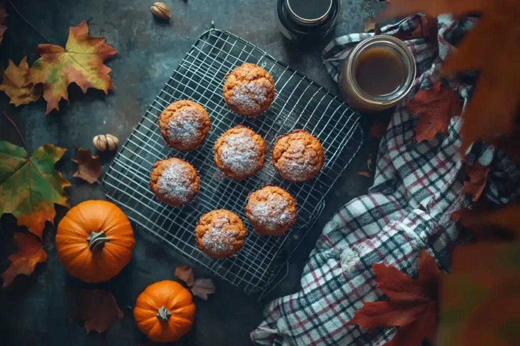  Pumpkin muffins cooling on a wire rack, surrounded by small pumpkins, autumn leaves, and a rustic plaid napkin.