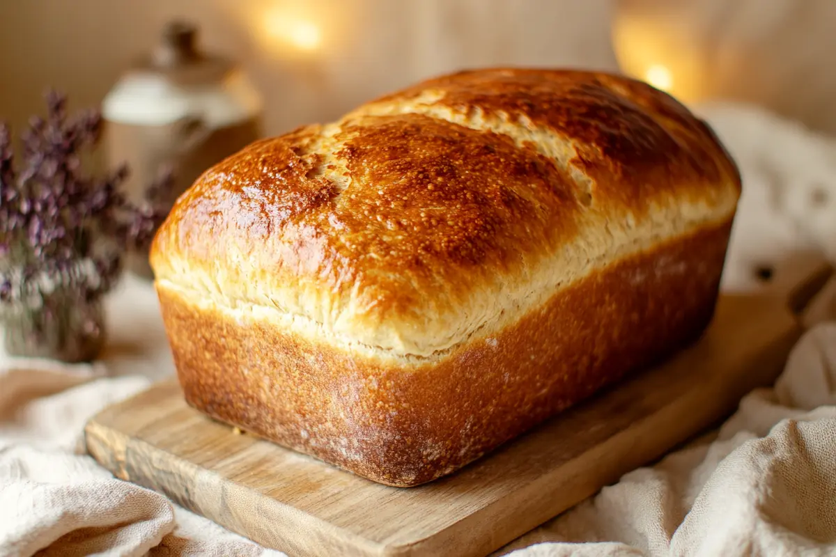 Yogurt bread recipe loaf on a wooden cutting board