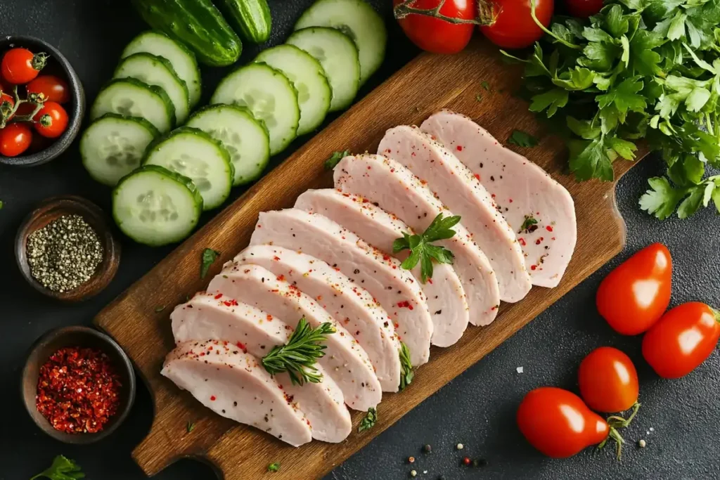 Slices of seasoned turkey breast on a wooden cutting board, surrounded by fresh cucumbers, cherry tomatoes, and parsley for garnish.